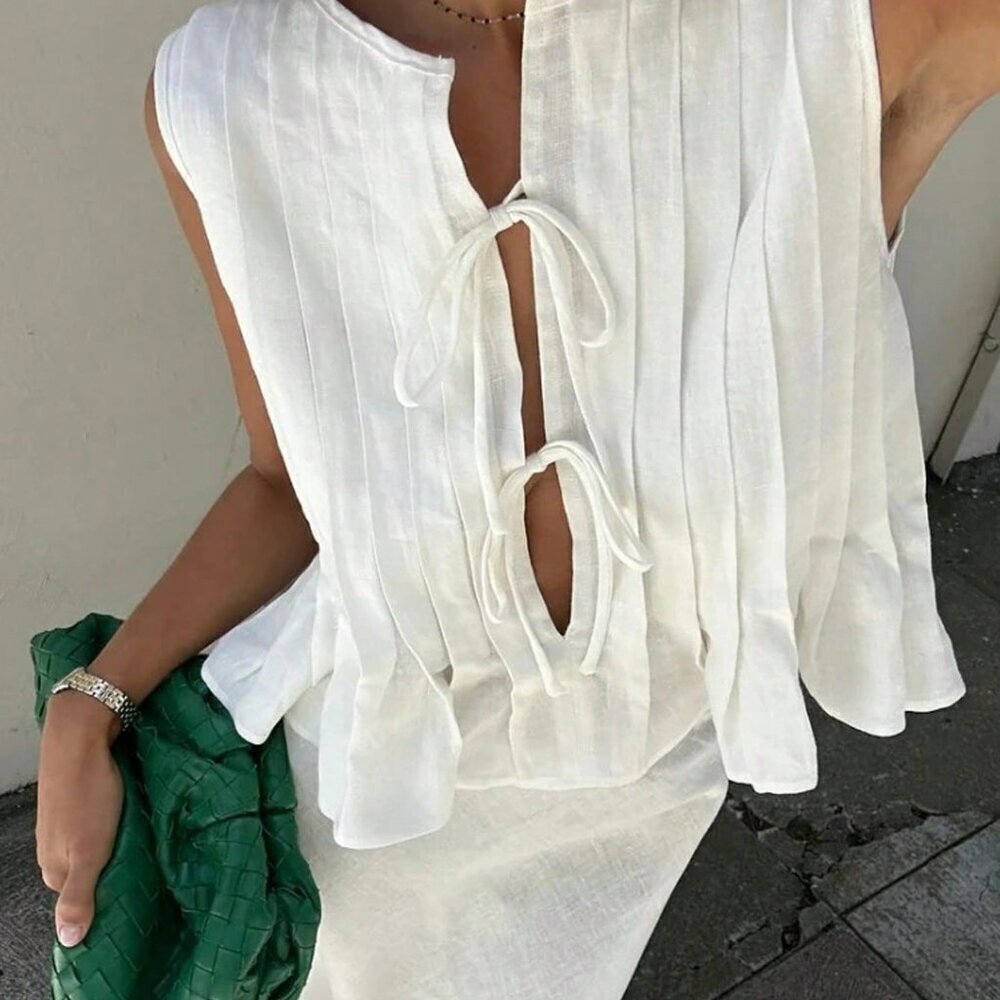 White Casual Women's Ribbon-Tied Ruffled Sleeveless Blouse And Long Skirt Set - Picture 4 of 8
